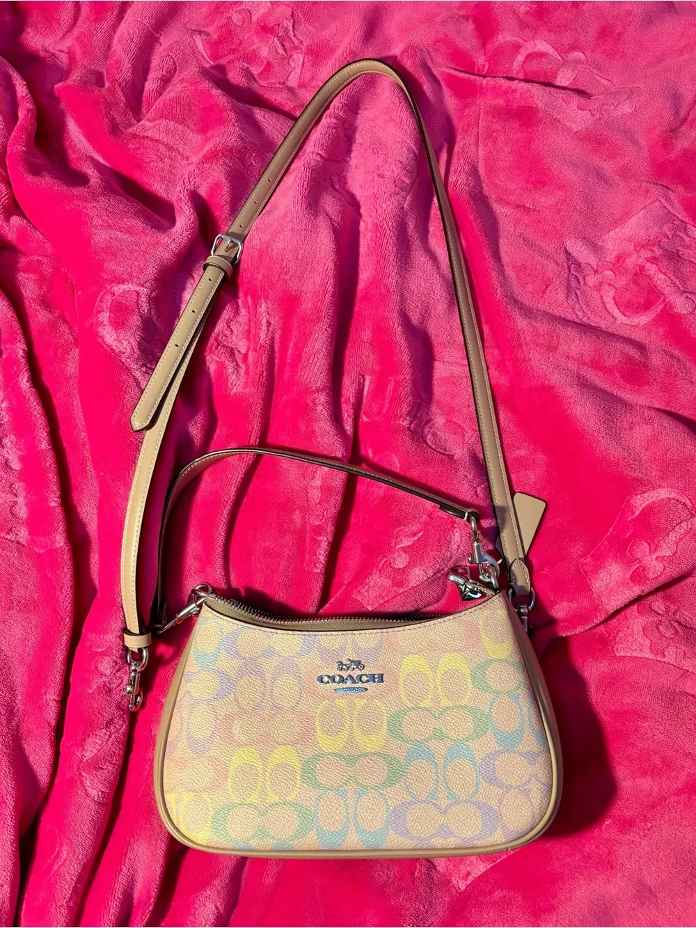 Coach rainbow Pastel Multicolor Signature Shoulder Bag with Tan Trim